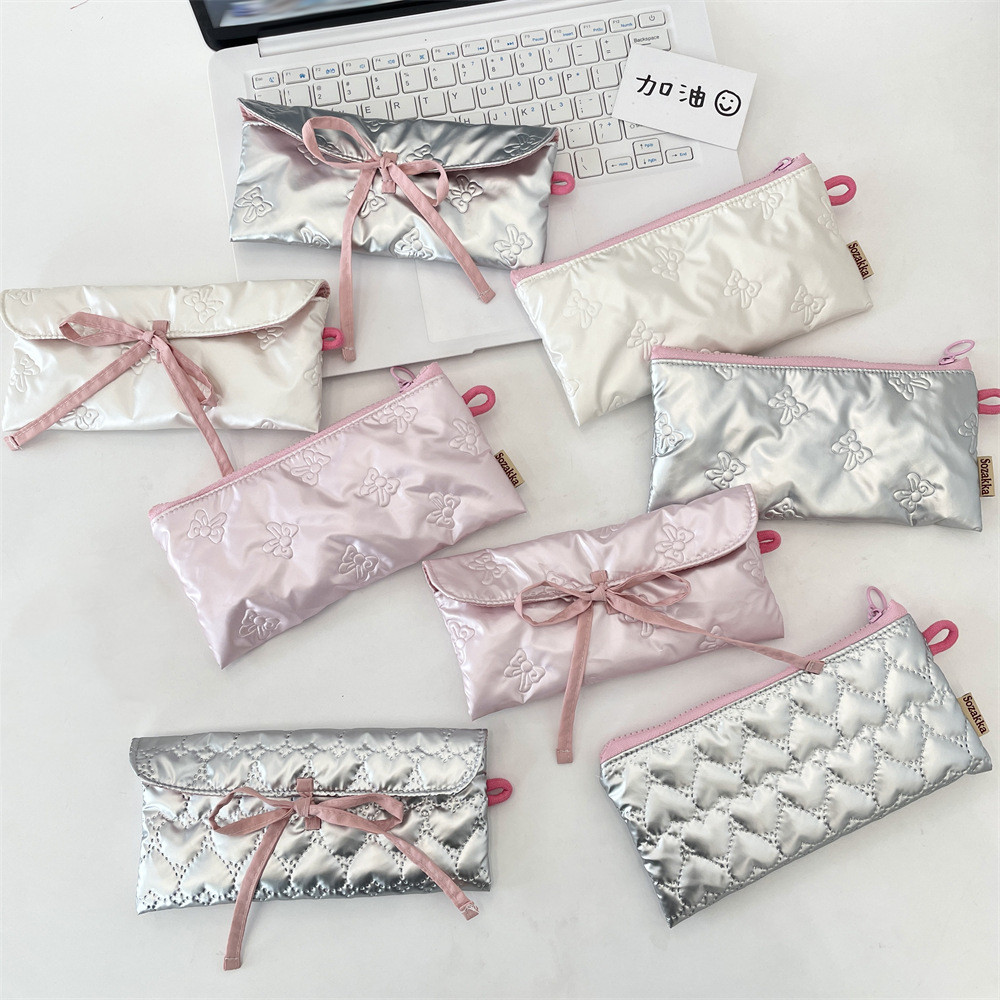 

Quilted Coquette Pencil Case, Cute Small Makeup Bag for Women, Stylish Organizer for Pens, Brushes, and Accessories