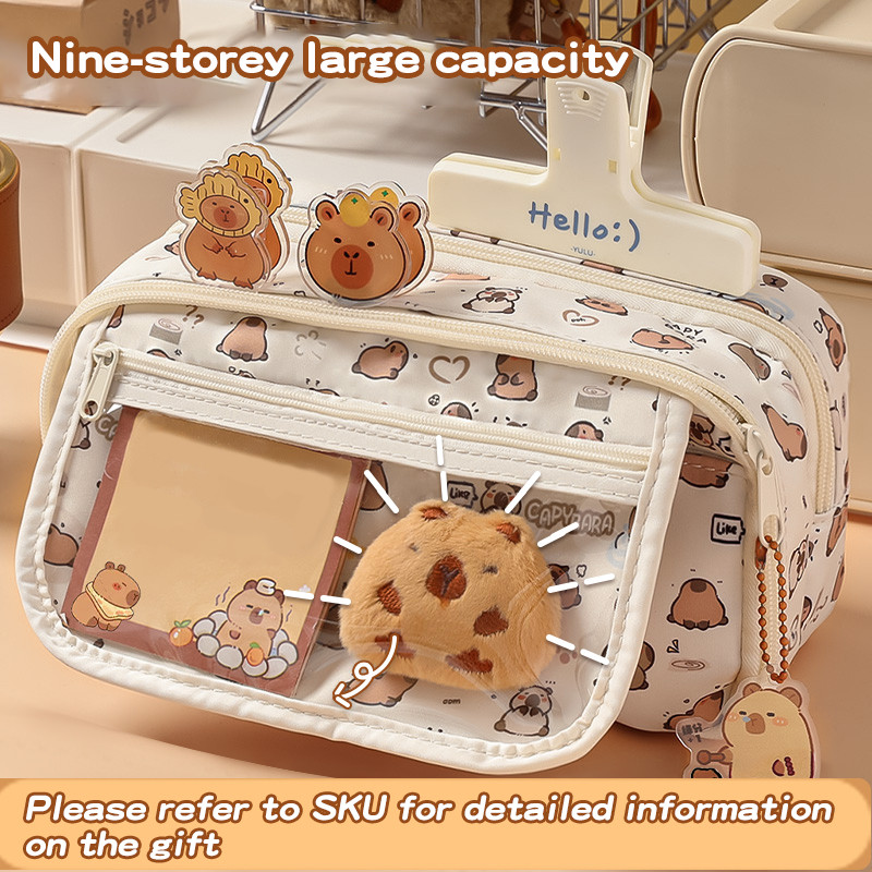 

4-piece cute capybara pencil case set, large capacity, multi-layer, canvas bag, multifunctional stationery storage box, suitable