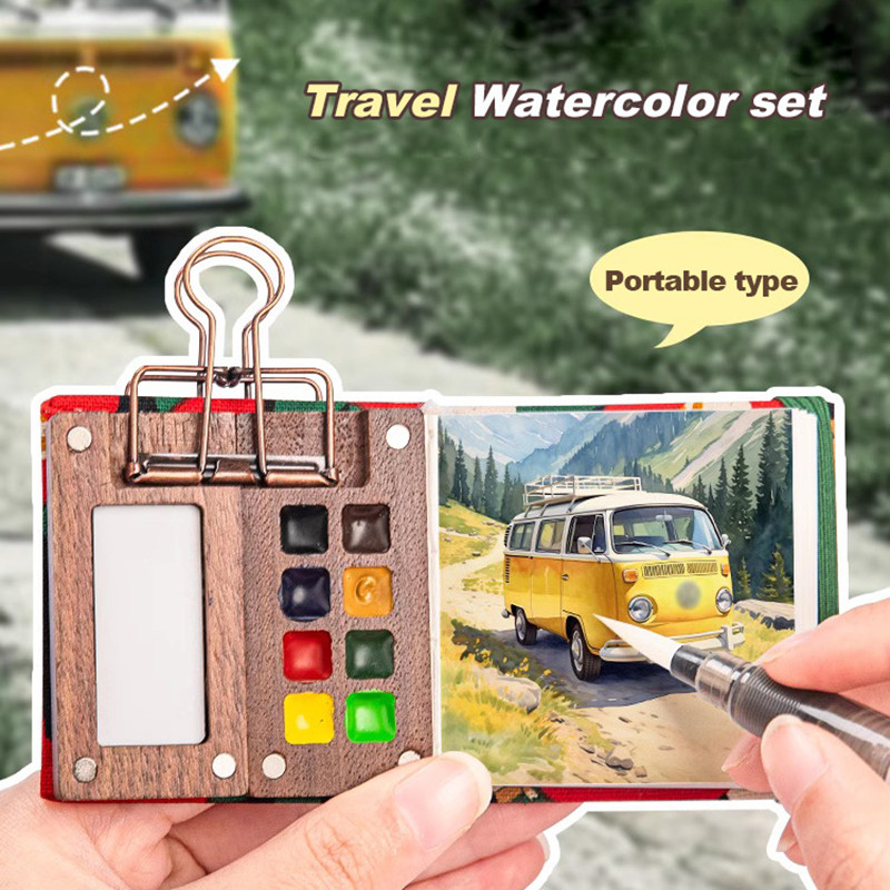 

Portable Travel Watercolor Paint Set Schmincke 8 Colors Mini Walnut Box Palette Water Colour Brush Book Sketchbook Art Supplies