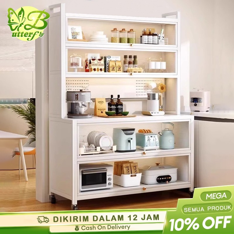 

Lemari Dapur Minimalis Rak Dapur Serbaguna Rak Penyimpanan Dapur Rak Piring Oven Microwave Dengan Roda Pintu