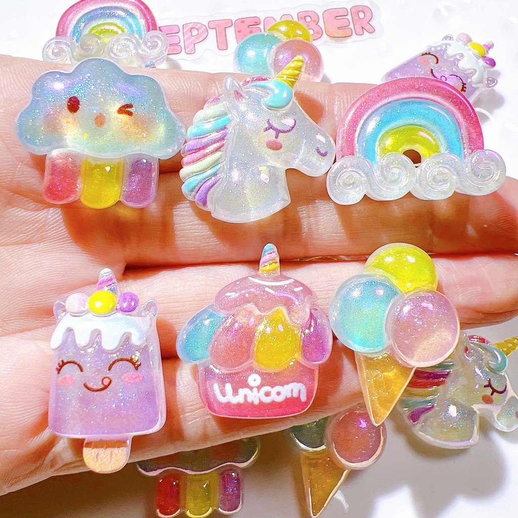 

10Pcs cute Resin Cartoon Unicorn, rainbow, ice cream, popsicle Flat Back Scrapbooking DIY Jewelry Craft Decoration Accessories