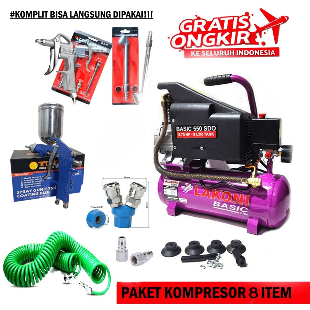 NEW PROMO  paket LAKONI BASIC 550SDS Kompresor Angin / Kompresor Udara lengkap 8 ITEM tukang cat/ben