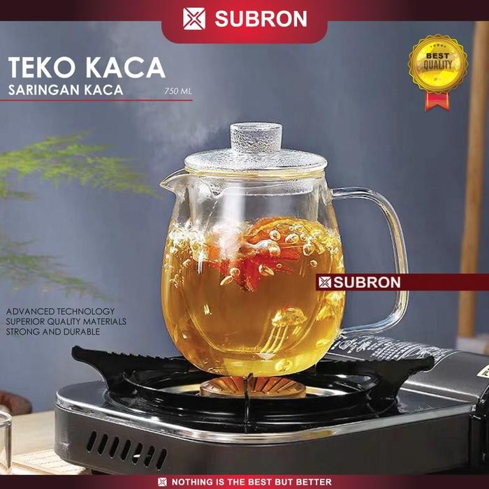 SUBRON Glass Teapot 750ML Teko Teh Kaca Saringan Kaca Boron Tinggi Bulat Kayu - Teko Kaca