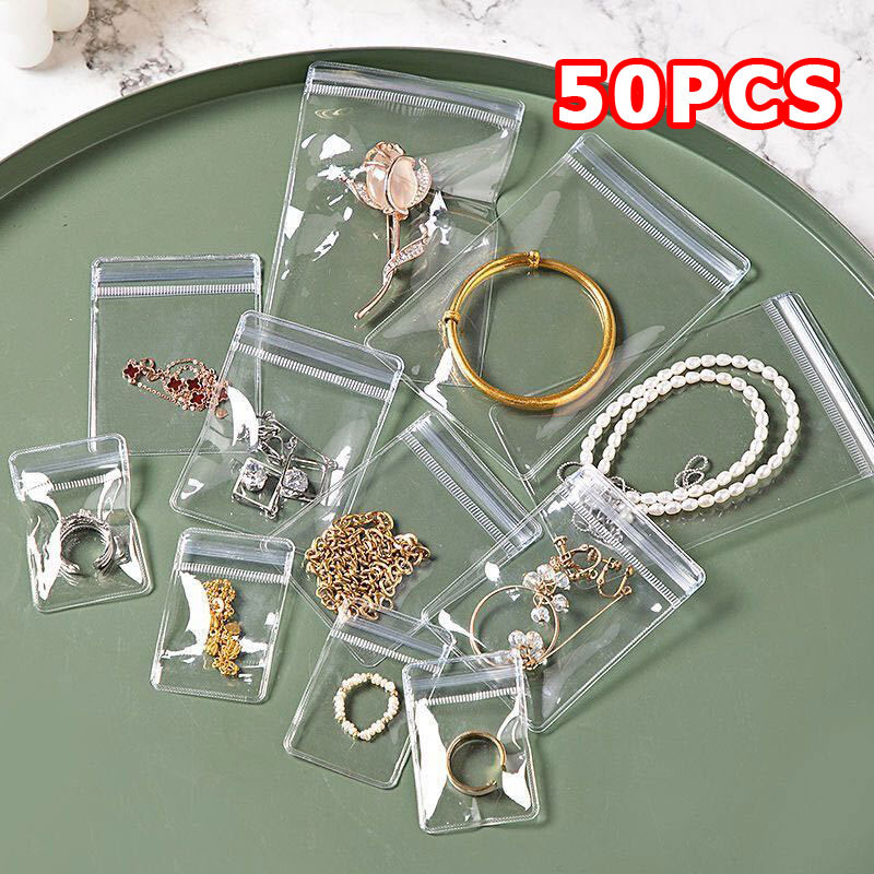 50Pcs Transparent PVC Jewelry Pouches Zip Storage Bag for Earring Necklace Jewelry Ziplock Travel Je