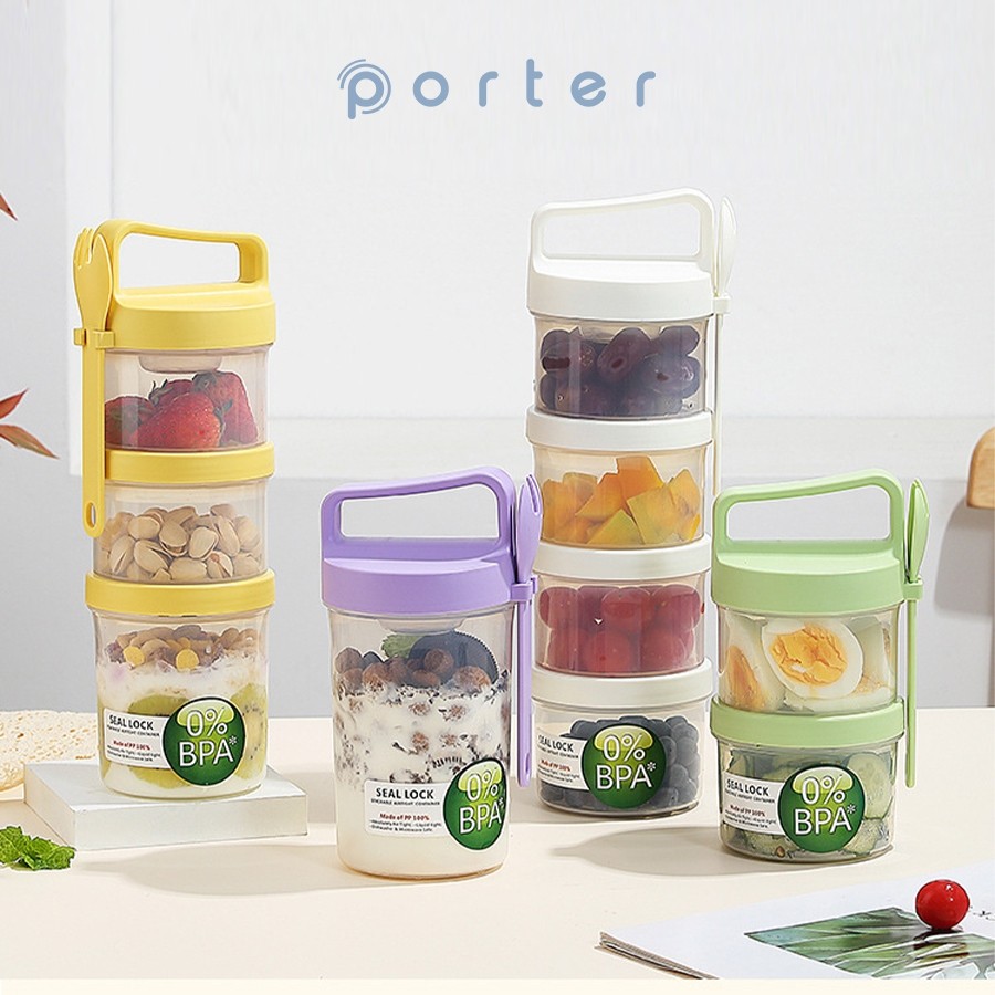 PORTER 2-3 Layers Plastic Food Container | Wadah Susun Tingkat Sereal Salad Buah Sayur | Botol Salad