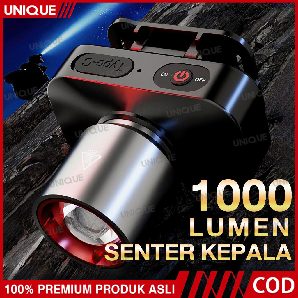 UNIQUE- 【Garansi 10 tahun】  Senter Kepala Cahaya Maksimal Plus RechargePro dengan USB Fokus & Penyeb
