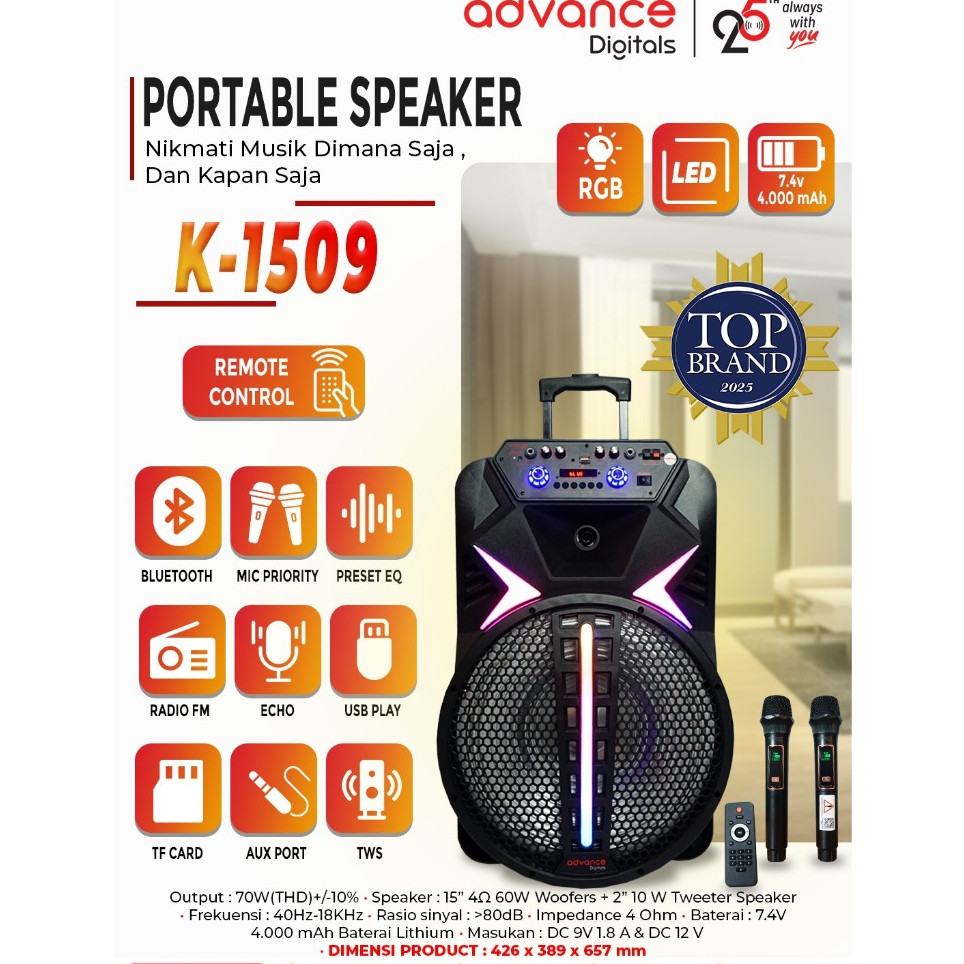 【Gratis Ongkir+COD】Speaker Advance Full Bass Speaker meeting Speaker 15 inch 2 mic 1509