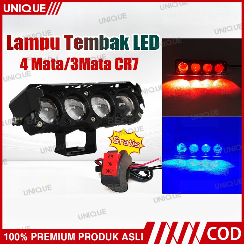 UNIQUE Lampu LED Motor Lampu Tembak LED 4 Mata/3Mata CR7 Series Original Dengan Topi Premium Full Al