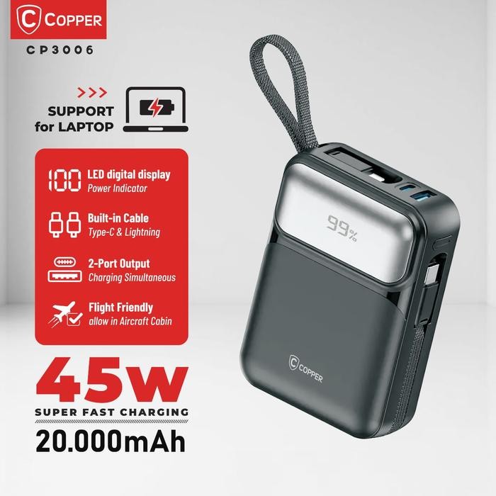 COPPER POWERBANK LED 20000 MAH - CP3002 | 25W POWER DELIVERY QC 4.0 - 45 WATT, Putih