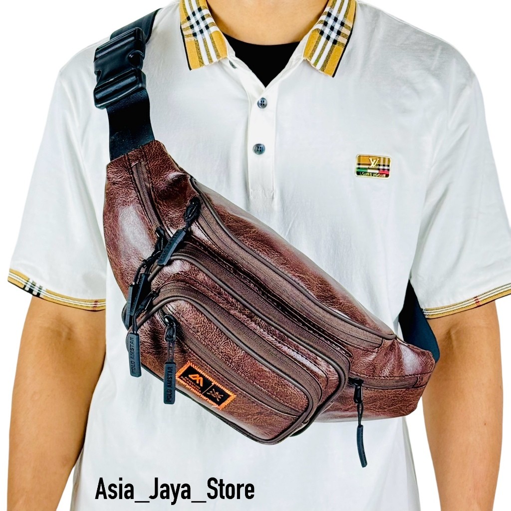 Tas Pinggang Pria Wanita Kulit PU Original Polo Amstar Resleting 7 Waistbag Tas Selempanng Casual