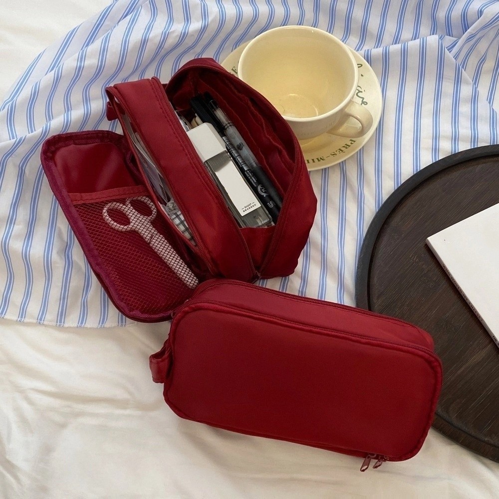 

Black Korean Stationery Bag Wine Red Large Capacity Multilayer Pencil Case Aesthetic Cosmetics Card Pen Solid Color Pencil Pouch