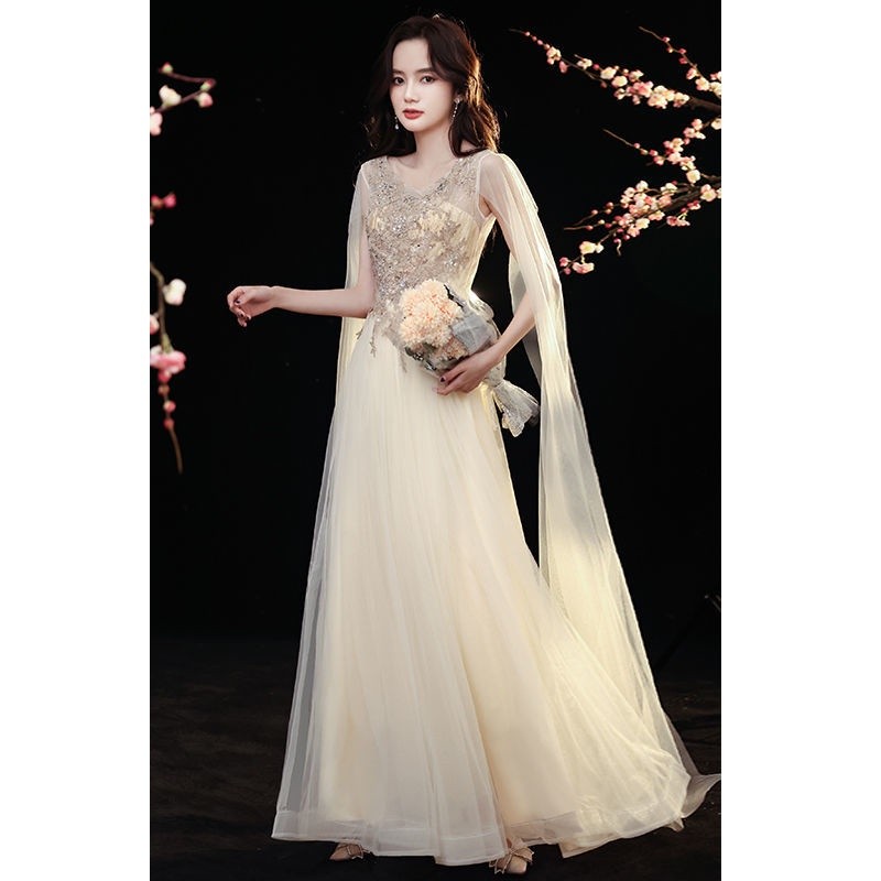 Rok gaun malam perjamuan wanita  temperamen bangsawan baru yang elegan gaun panjang yang biasanya bi