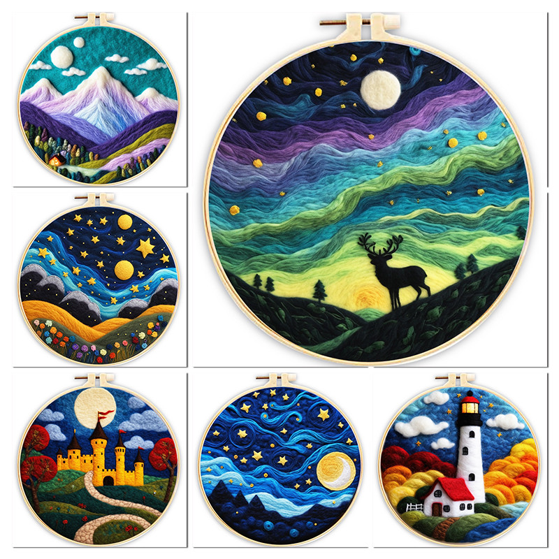 

Wool Felting Painting Colorful Starry Sky Scenery Starter Kit Needle Felting Picture With Frame Wool Felting Painting Kit Diy