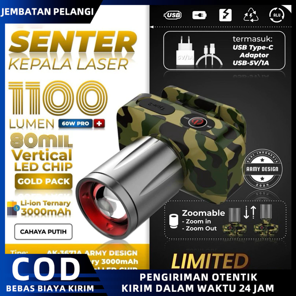 COD AOKI SENTER KEPALA LED ZOOM AK-3685A & AK-3686K 60W / CAHAYA SUPER TERANG / JARAK JAUH LASER / @