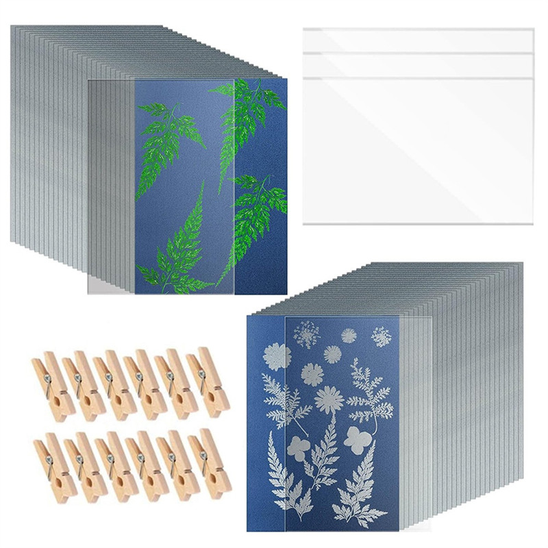 

AEE6-32 Sheets Sun Print Paper A5 Solar Drawing Paper Nature Printing Paper For Kids Adults Arts Crafts DIY With Clamp Board