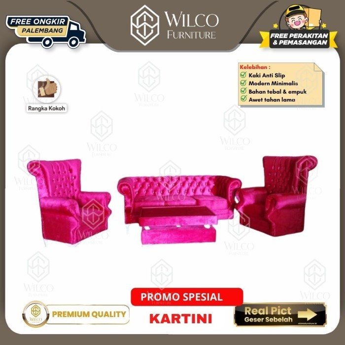 Sofa Tamu Walington 311 + meja / Kursi Tamu Bludru Pink Minimalis / Sofa Palembang