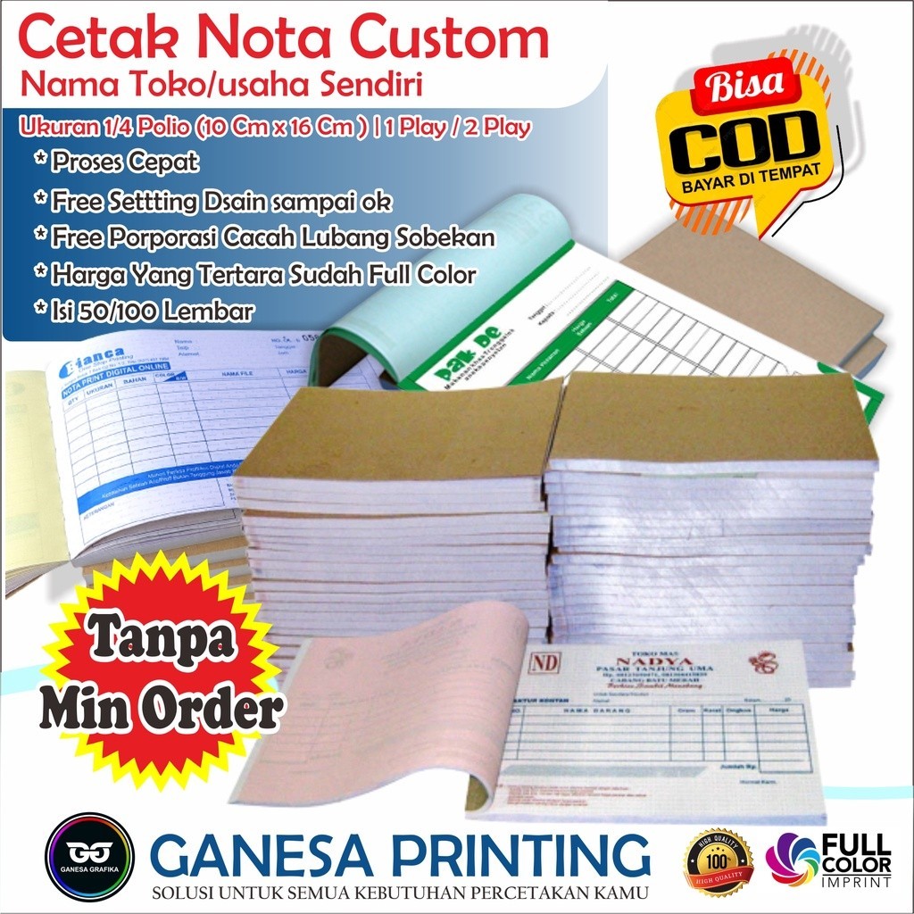 

CETAK NOTA CUSTOM NAMA TOKO SENDIRI UKURAN ¼ POLIO 10 x 16 CM nota 2 ply murah