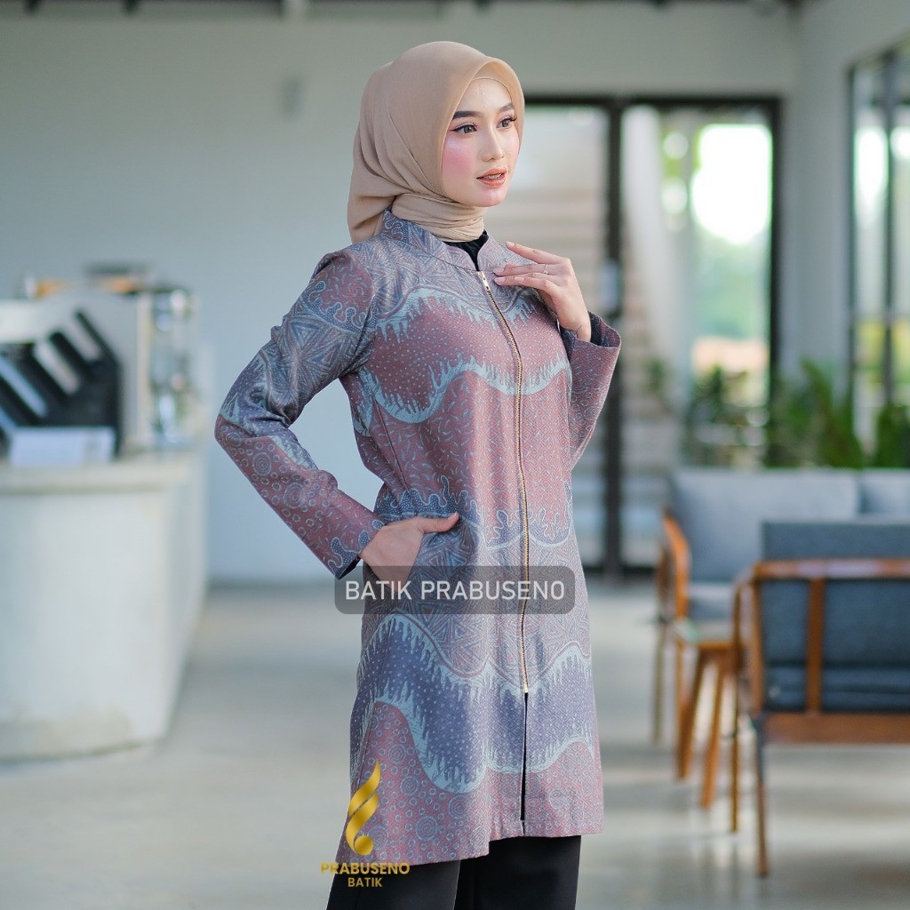 JANITRA DOBBY Motiv  Batik Prabuseno Atasan Tunik Wanita Elegan Lengan Panjang Lapis Furing Trikot B