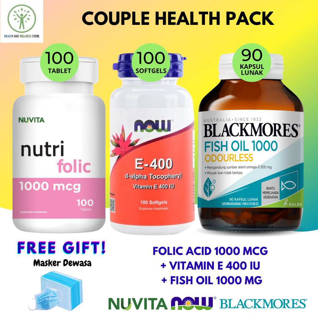 PAKET BLACKMORES FISH OIL 1000 ODOURLESS 90 NOW VITAMIN E 400 IU 100 SOFTGELS NUVITA FOLIC 1000 100 