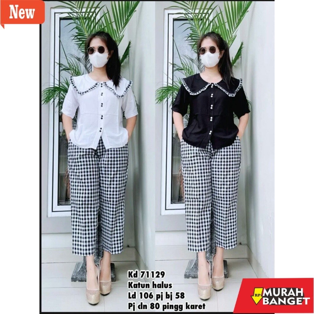 atasan wanita viona oversize yg kekinian- one set MONA setcel setelan 2in1 katun kotak kombinasi cri