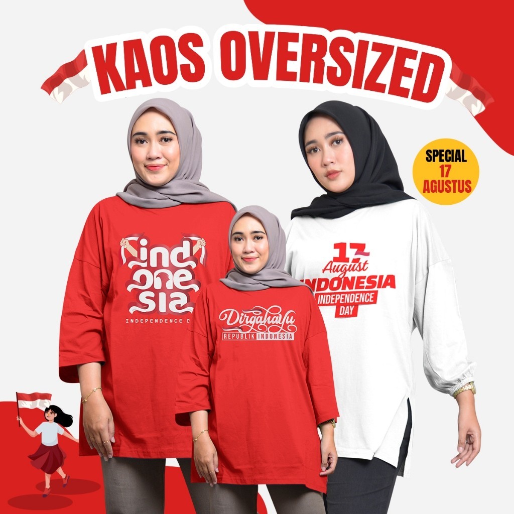 Kaos Basic Oversize Merah Putih Atasan Wanita Sablon Kaos Kemerdekaan By Deloza// PROMO BIGSALE TERM