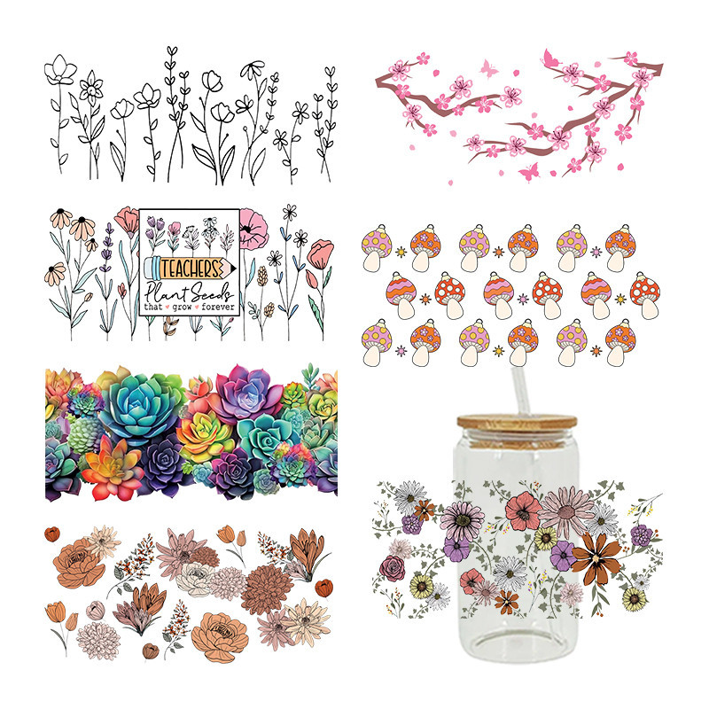 

Cartoon Flower UV DTF Wrap Transfer Sticker For 16Oz Glass Cup Sticker Print Waterproof Clear Smooth Diy Easy To Use D7270
