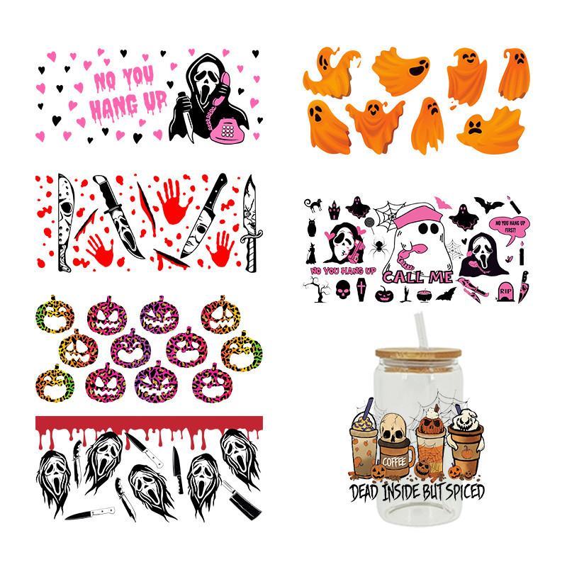 

Scary Halloween UV DTF Wraps Transfers Sticker For 16oz Libbey Glass Can Horror Movie Tumbler Killer Friends Characters D1405