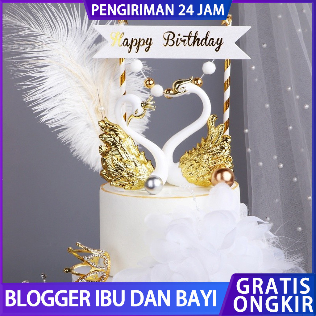 Hari Valentine Emas dan Perak Mahkota Angsa Cinta Romantis Flamingo Kue Ulang Tahun Pernikahan Dekor