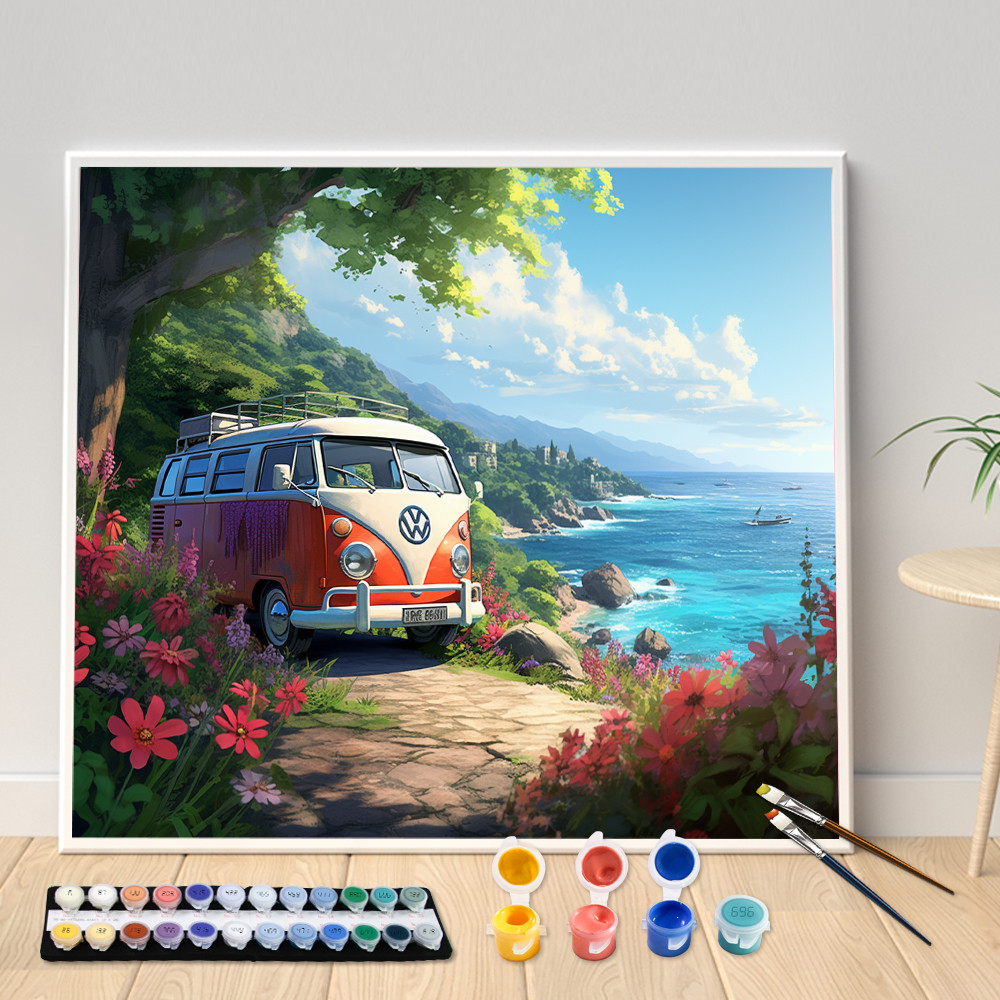 

Tourist Bus On The Beach Painting by Numbers Kit DIY Artwork Canvas Art Hand Painting Adult Coloring Home Decoration Gift