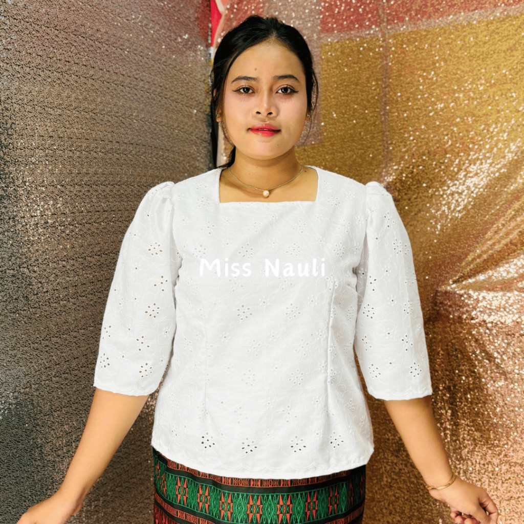 Blouse Katun Bangkok / Atasan Kebaya Wanita / Blus Katun Bolong Bordir Lengan Lurus By Miss Nauli