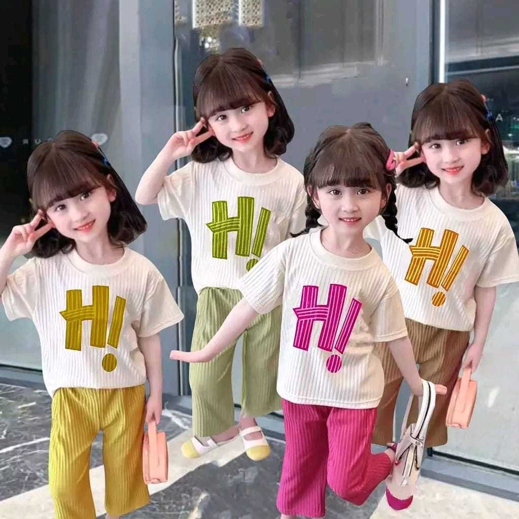 Setelan baju anak perempuan bahan Knit Hornet celan kulot motif HI usia 1 sampai 10 tahun ala korea 