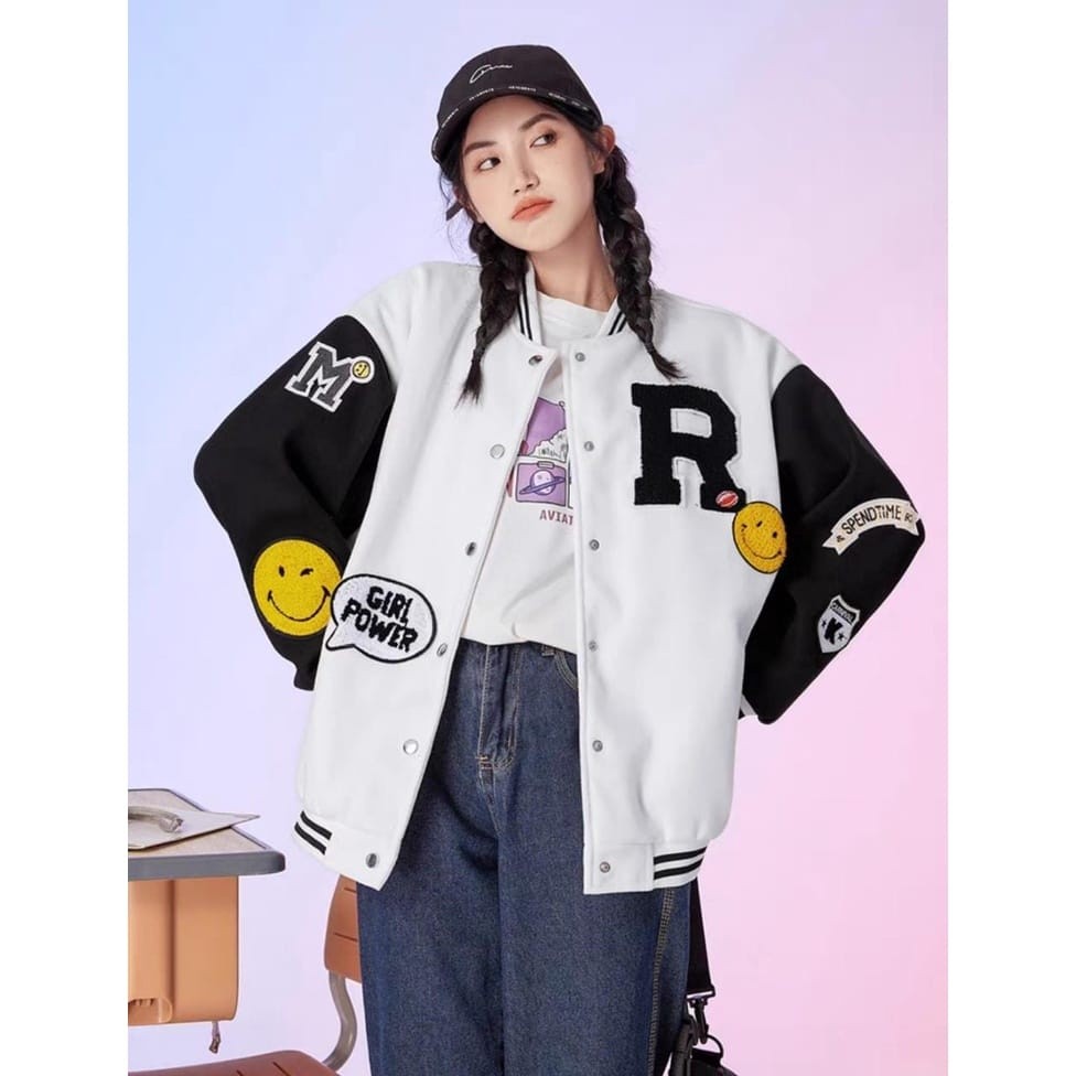 jaket bomber wanita - R SMILE BASEBALL VARSITY JAKET - jaket wanita korea