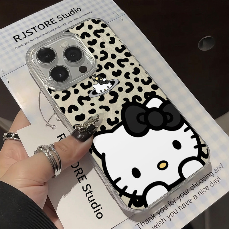 Applicable to iPhone15promax Leopard print Hello Kitty new creative cartoon feather yarn mobile phon