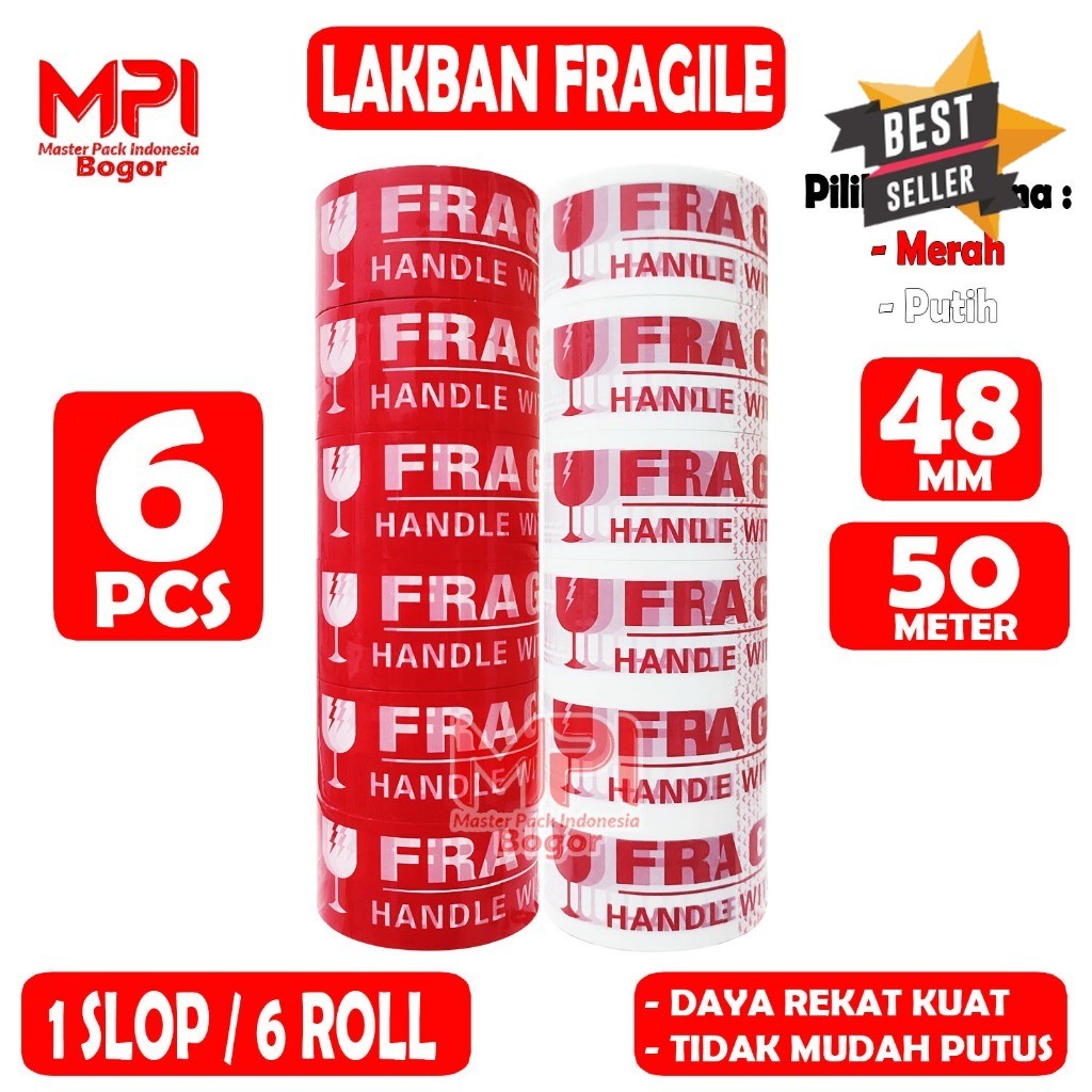 

1 SLOP [ 6 PCS ] - Lakban Fragile Merah - Fragile Putih 48 mm x 50 yard - Jangan Di Banting - MPI