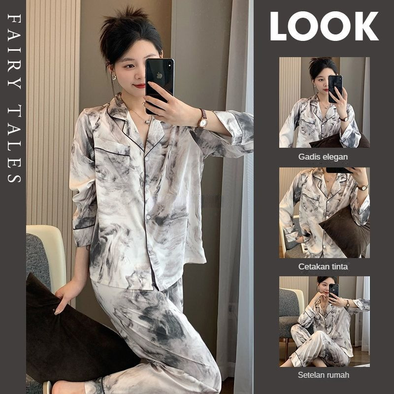 (COD)Piyama perempuan sutra sintetis yang baru diimpor, pakaian rumah/baju piyama/piyama wanita/baju