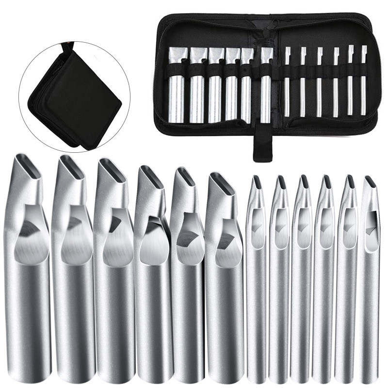 

12Pcs Leather Craft Oval Shape Hole Punch Set Leather Hollow Hole Puncher Flat Hole Punch Maker Cutter Chisel Working Tool