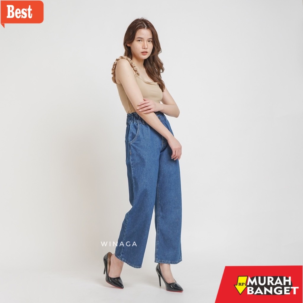 celana kulot wanita terbaru WINAGA- HighWaist Kulot Ban Karet Kancing 2 Jeans | Kulot Ban 2 Karet Je