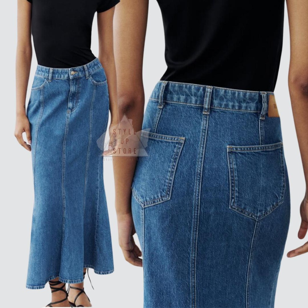 [ STYLEUPSTORE ] ZARA Woman Midi-Rise Skirt Denim Jeans - Rok Wanita Denim Jeans