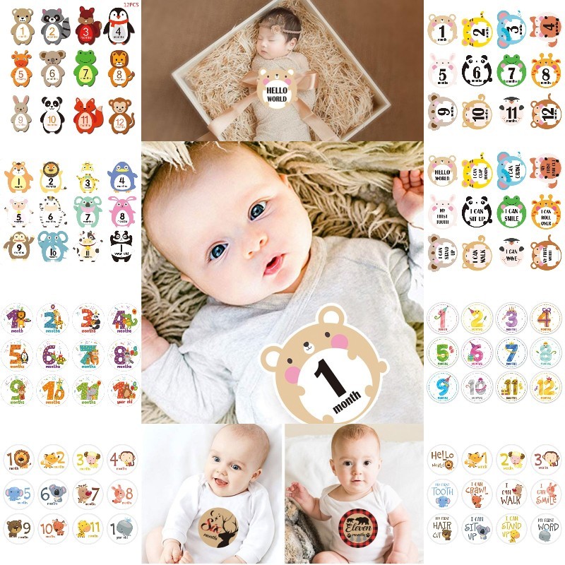 

12Pcs Animal Month Sticker Baby Photography Commemorative Card Number Milestone Memorial Sticker Newborn Baby Photo Props