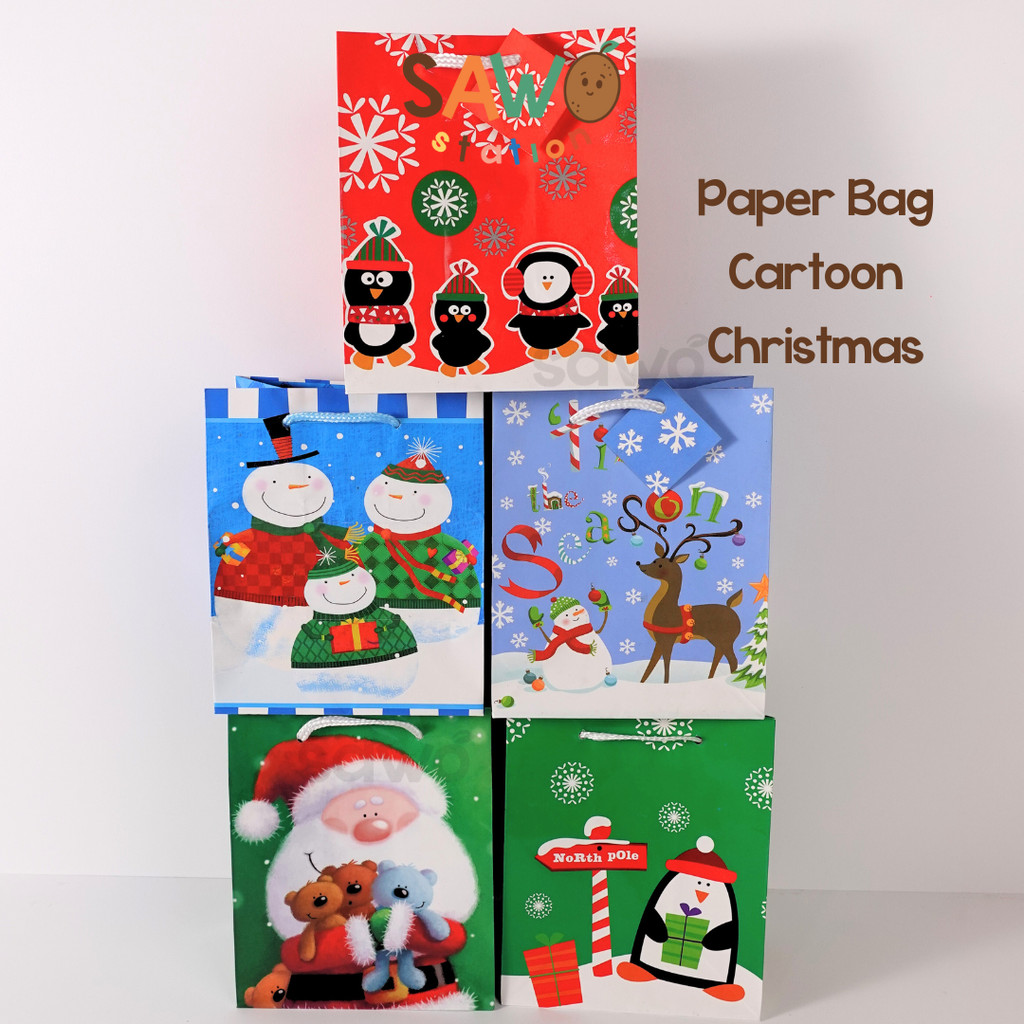 

[12.5x15cm] Paper Bag Cartoon Christmas Small Tas Hadiah Natal Xmas Kado Gift Bag Kertas Goodie Wrapping Santa Present Party Favor