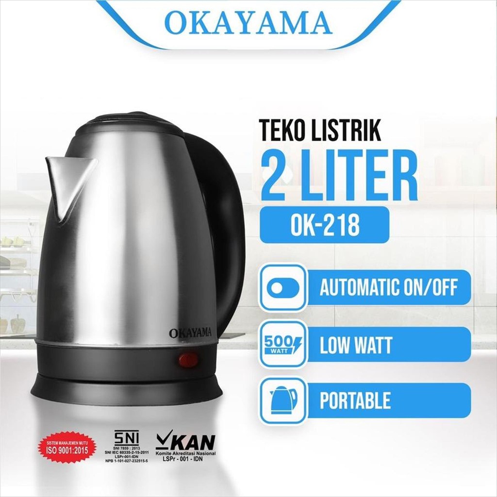TEKO LISTRIK 2 LITER OKAYAMA OK-218 TEKO LISTRIK 2 LITER STAINLESS