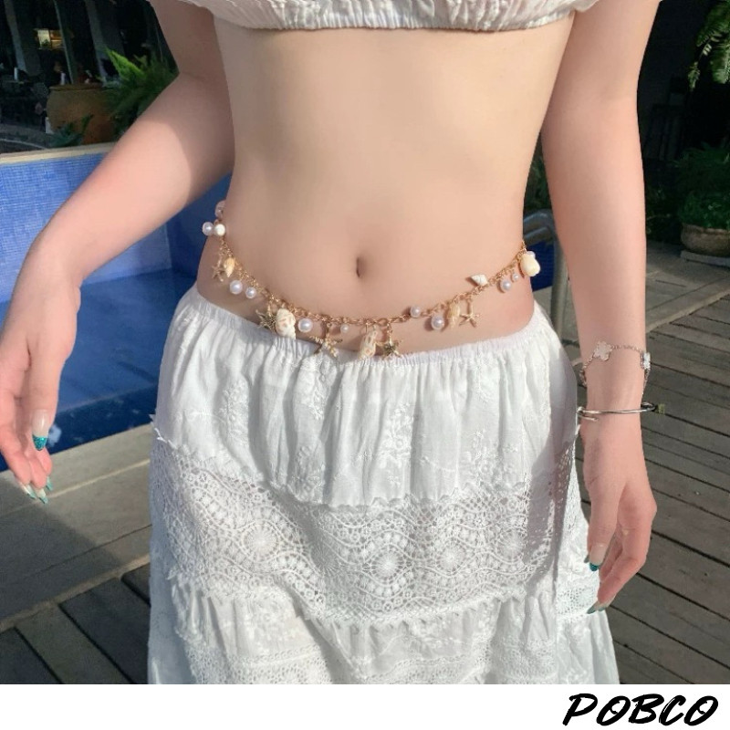 PoBco Sabuk Pinggang Pantai Musim Panas - Rantai Tubuh Sexy dengan Kerang, Bintang Laut & Rumbai Boh