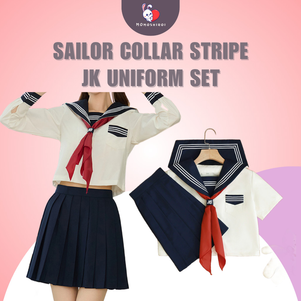 (MGL) - 3A - Sailor Collar Stripe JK Uniform Set atasan lengan pendek + rok pendek (dengan syal segi