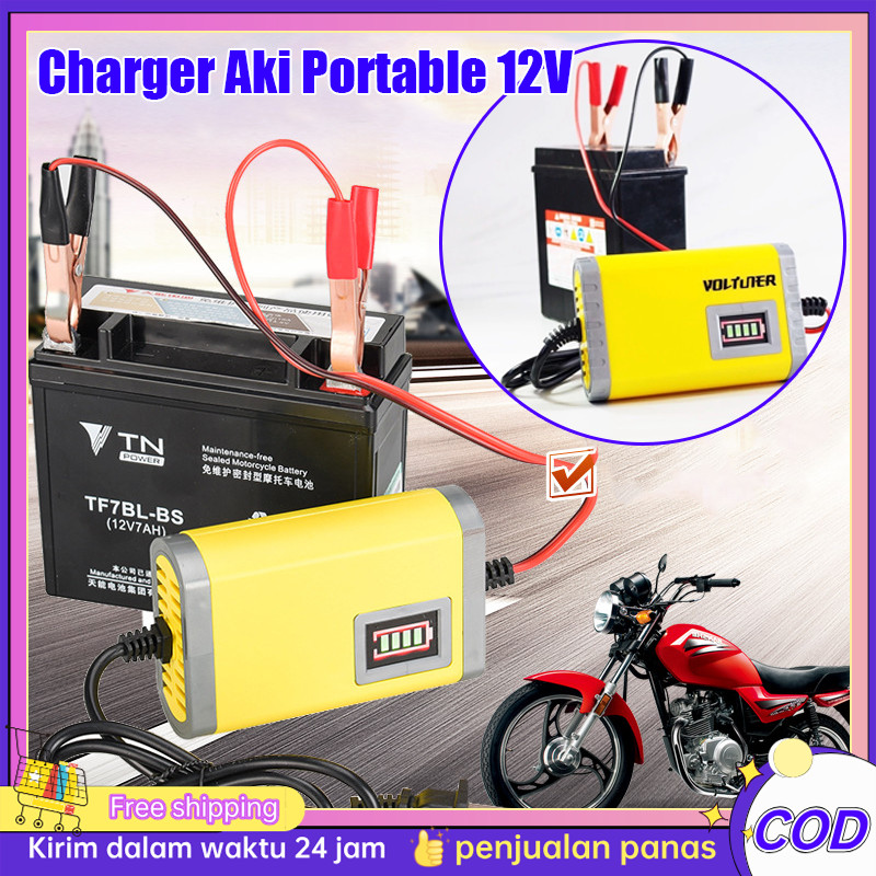 Charger Aki Motor LED Automatic Car Motorcycle Battery Charger 12V Ampere Portable Otomatis VOLTUNER