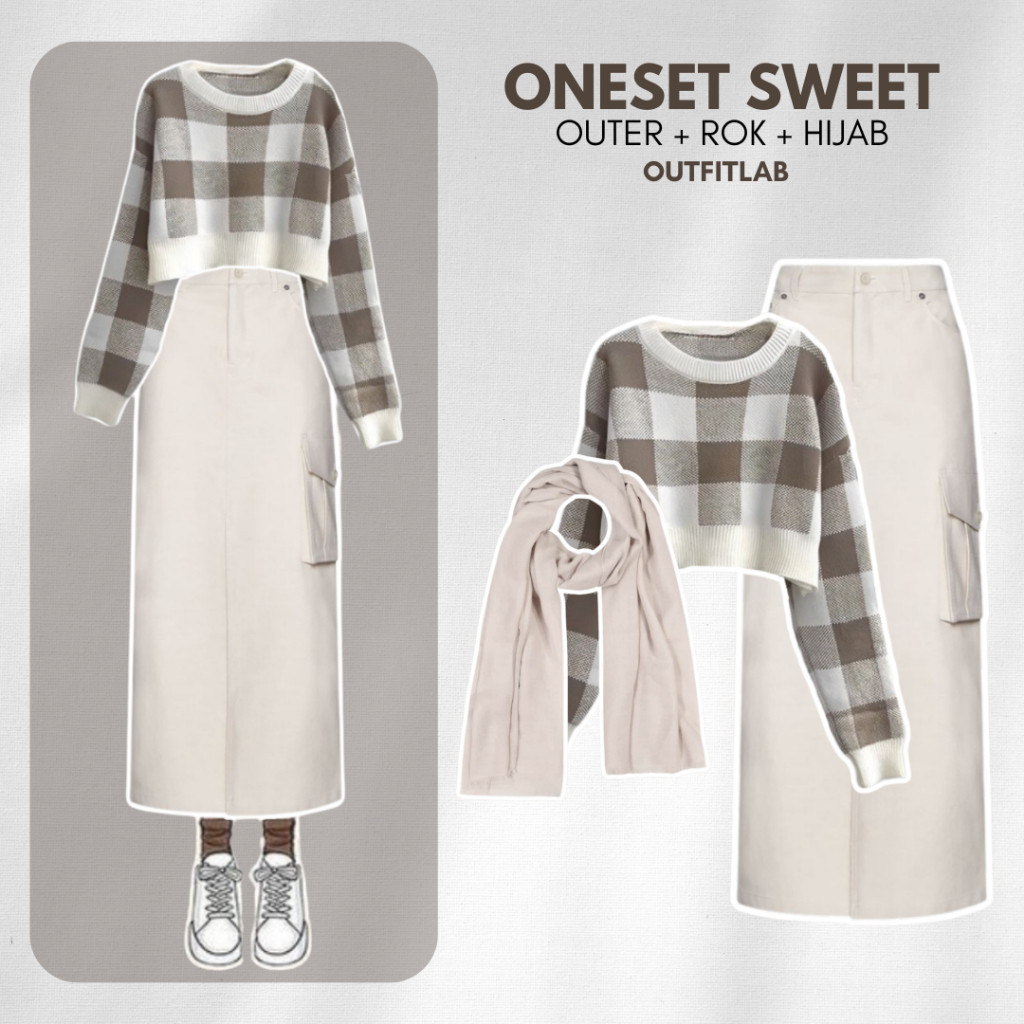 Outfit Set Kira Hijab Sweater Rajut Kotak Pashmina Rok Cargo Setelan Wanita Casual OOTD Aestetic