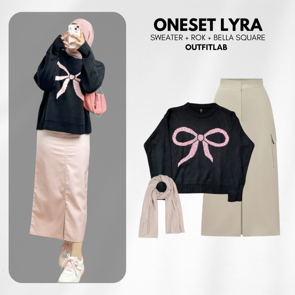 Outfit Set Lyra Setelan Nongkrong ( Sweater + Rok Cargo + Hijab ) One Set OOTD Hijab Korea Kekinian