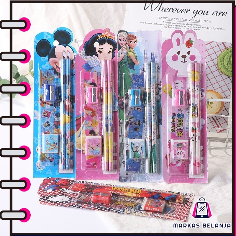 

MARKAS Stationery Set 5 in 1 Alat Tulis Anak Sekolah Penghapus Penggaris Pensil Serutan Karakter Lucu Random Y9011