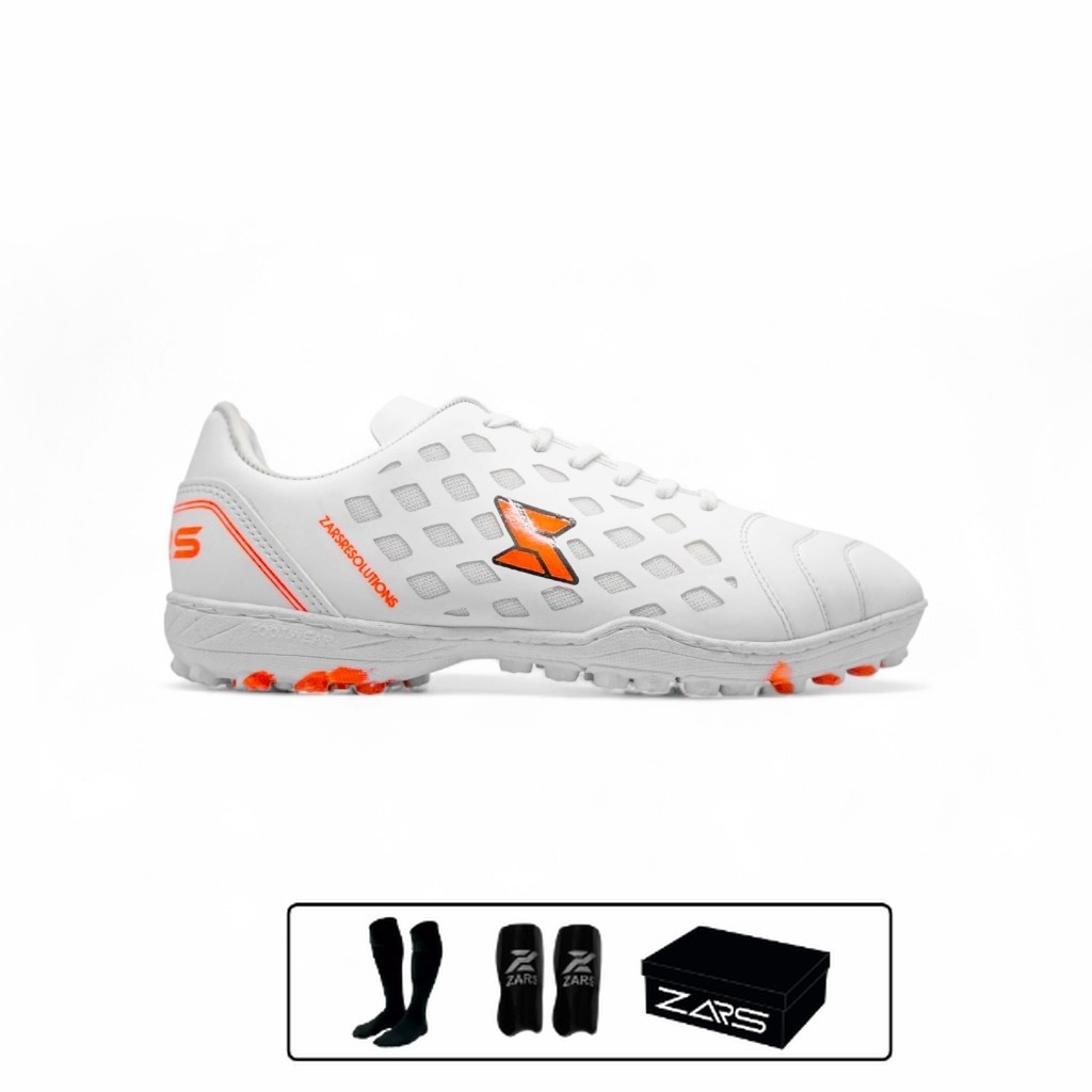 Zars - Evo Resolution Sepatu Futsal Mini Soccer Rumput Sintetis Turf White oren Free Kaos kaki deker