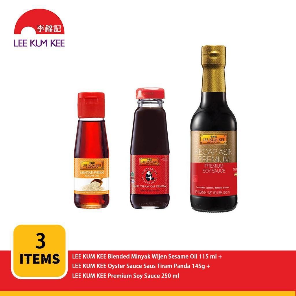 

Lee Kum Kee Oyster Sauce Saus Tiram Panda 145 gr & Lee Kum Kee Blended Minyak Wijen Sesame Oil 115 ml & Lee Kum Kee Premium Soy Sauce 250 ml