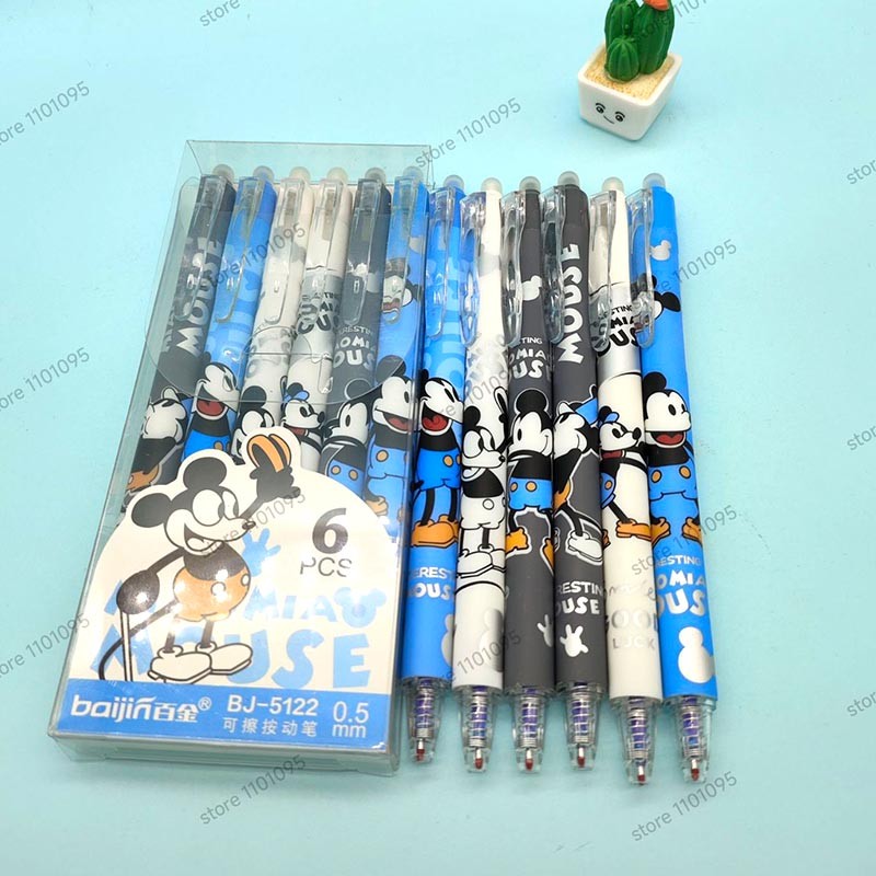 

6pcs/box Disney Mickey Mose Press Gel Pens For Writing Cute 0.5mm Blue ink Erasable Pen School Office Supplies Stationery